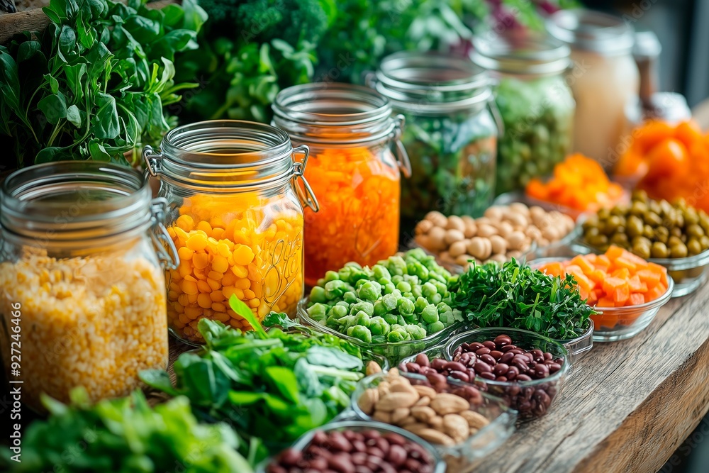 Variety of colorful vegetables and legumes in jars arranged on a wooden table in a bright kitchen setting, space for text, vegan nutrition, vegan recipes Variety of colorful vegetables and legumes in jars arranged on a wooden table in a bright kitchen setting, space for text, vegan nutrition, vegan recipes