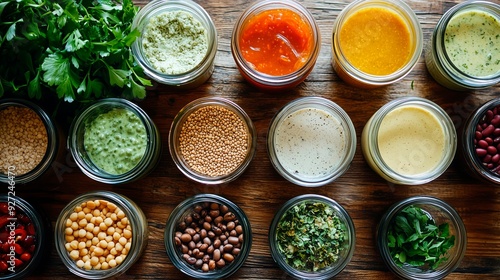 Variety of colorful vegetables and legumes in jars arranged on a wooden table in a bright kitchen setting, space for text, vegan nutrition, vegan recipes