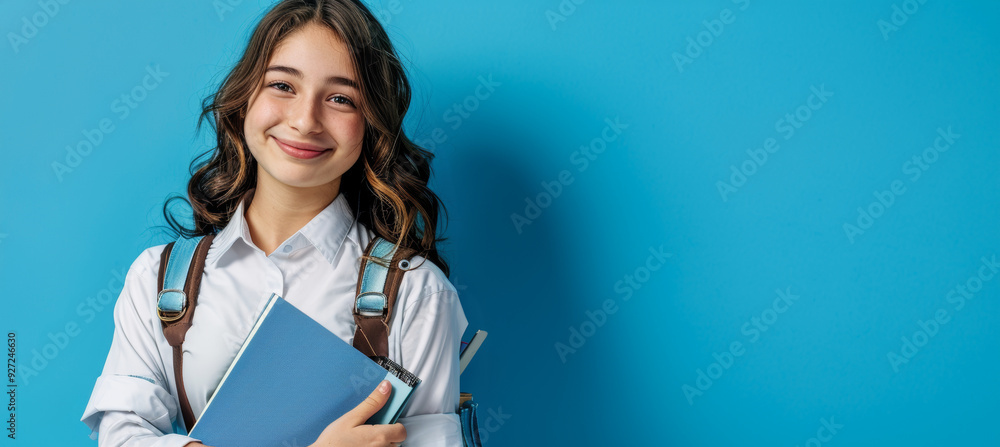 Obraz premium Happy Schoolgirl Holding Art Set and Sketchbook on Vibrant Blue Background for Back-to-School Design