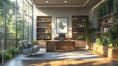 A 3D rendered image of a spacious and airy home office with modern furniture