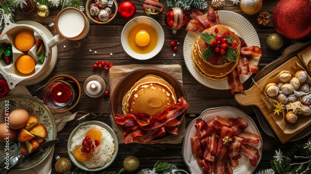 Christmas Breakfast Table with Pancakes, Bacon, Eggs, and Holiday Decorations for Festive Celebrations Christmas Breakfast Table with Pancakes, Bacon, Eggs, and Holiday Decorations for Festive Celebrations