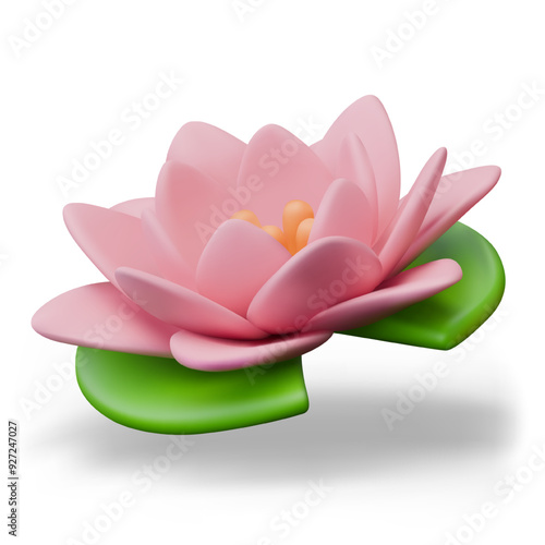 Realistic pink lotus flower with green leaf. Bloomed water lily