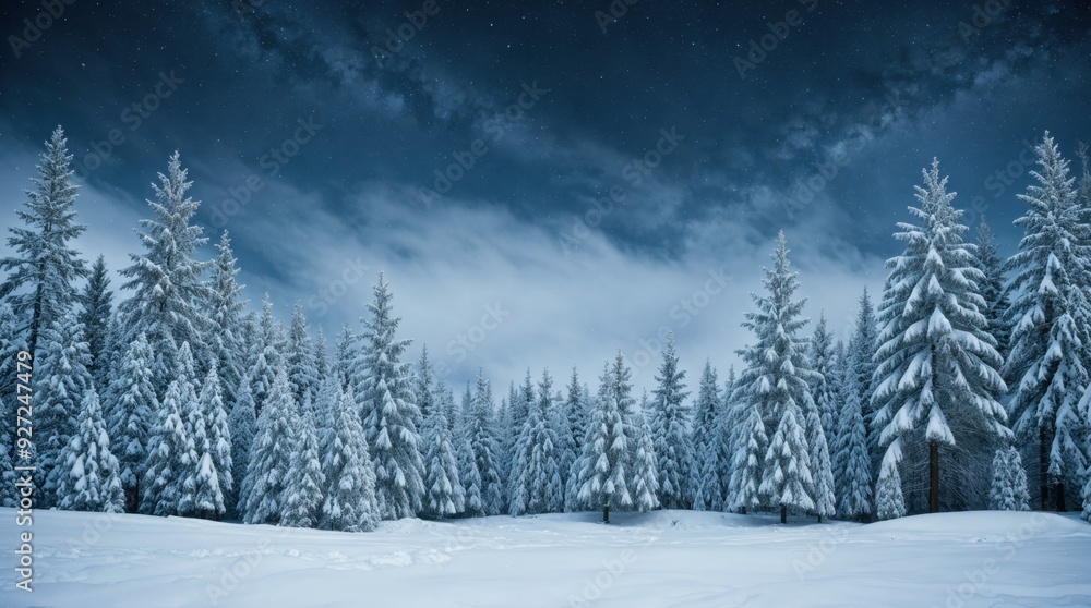 Snow-revealed spruce trees twinkle beneath a starry wintry night sky Snow-revealed spruce trees twinkle beneath a starry wintry night sky