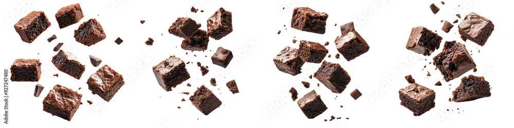 Set of a Falling brownie pieces isolated Chocolate-covered, dark brown on transparent background Set of a Falling brownie pieces isolated Chocolate-covered, dark brown on transparent background