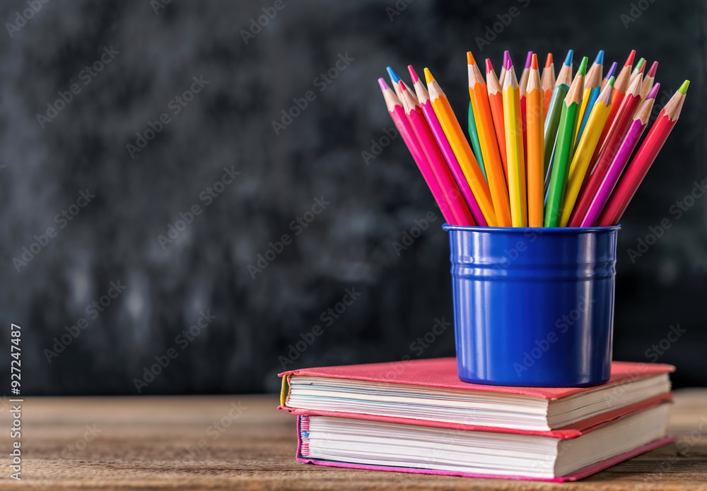 Colorful pencils in a blue container on top of books with a blackboard in the background, back to school concept Colorful pencils in a blue container on top of books with a blackboard in the background, back to school concept