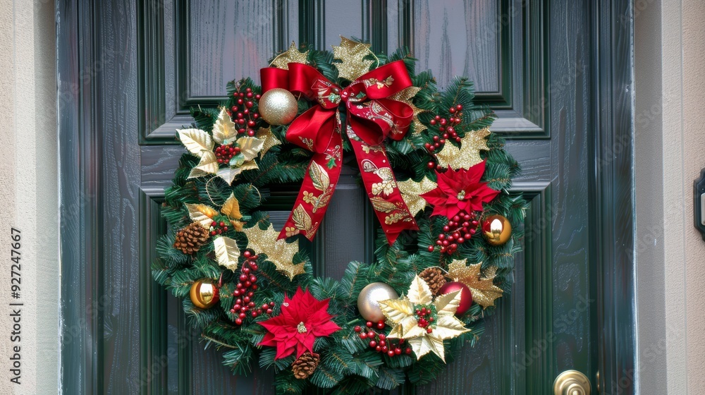 Beautiful Christmas Wreath with Festive Red and Gold Decorations on a Front Door Beautiful Christmas Wreath with Festive Red and Gold Decorations on a Front Door