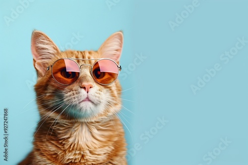 Closeup of a funny ginger cat wearing sunglasses isolated on light blue