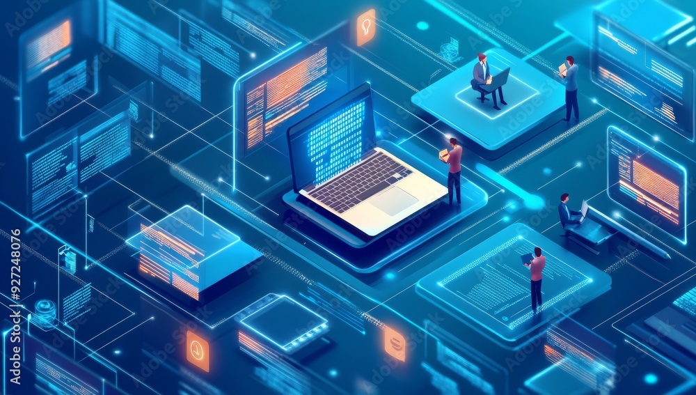 Isometric view of digital marketing and web development with figures working on laptops and holographic data screens. Isometric view of digital marketing and web development with figures working on laptops and holographic data screens.