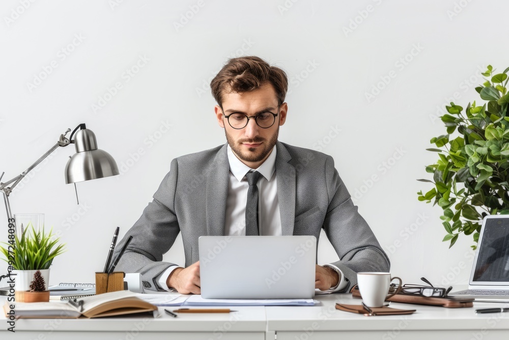 A businessman wearing a suit and glasses sits at a desk, using a laptop A businessman wearing a suit and glasses sits at a desk, using a laptop