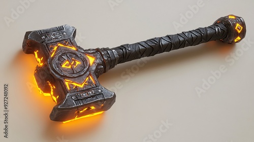 A heavy warhammer with glowing runes and a reinforced handle, stylized as a bold icon on white background photo