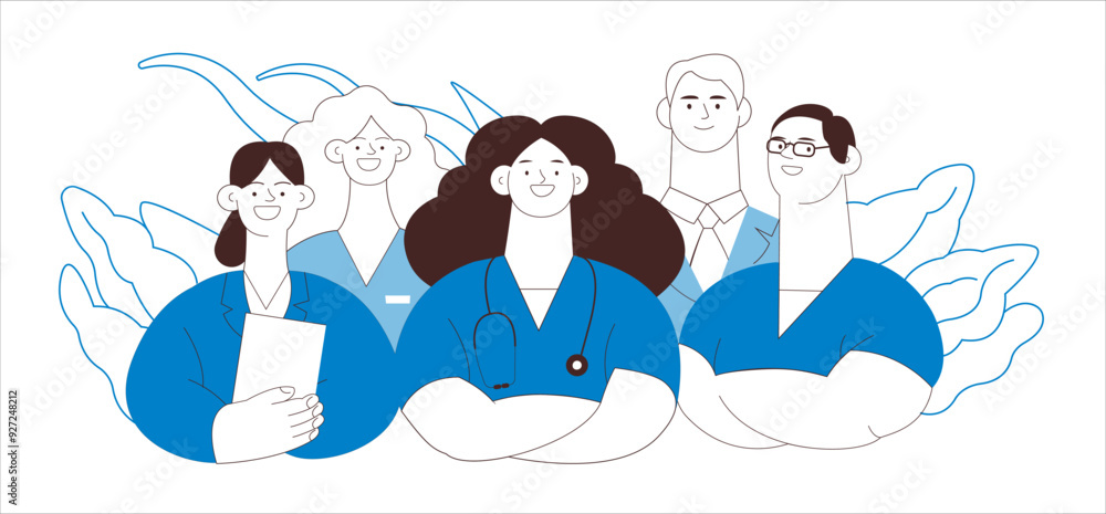 Internship Jobs. Black and White Modern Vector Concept Illustration. Medical Specialists Standing Together, Team of Interns on Abstract Background. Internship Jobs. Black and White Modern Vector Concept Illustration. Medical Specialists Standing Together, Team of Interns on Abstract Background.