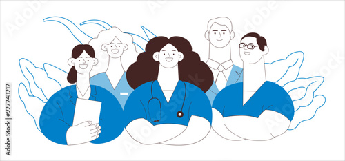 Internship Jobs. Black and White Modern Vector Concept Illustration. Medical Specialists Standing Together, Team of Interns on Abstract Background.