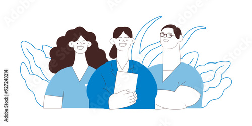 Internship Jobs. Black and White Modern Vector Concept Illustration. Medical Specialists Standing Together, Team of Interns on Abstract Background.