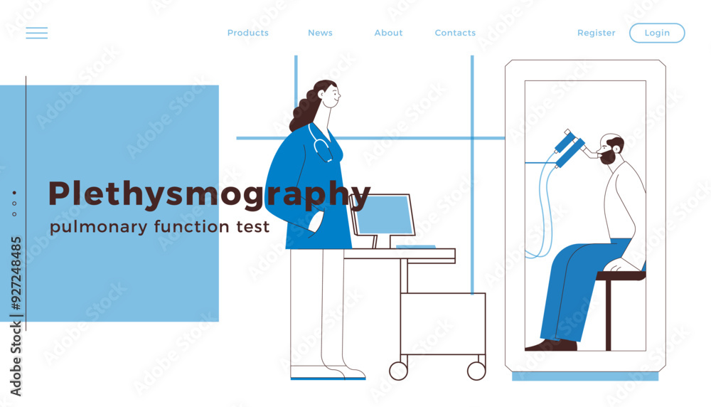 Female Medical Specialist and Male Patient Performs Whole Body Plethysmography in Medical Office or Laboratory. Black and white modern flat vector illustration. Website Banner Design Template. Female Medical Specialist and Male Patient Performs Whole Body Plethysmography in Medical Office or Laboratory. Black and white modern flat vector illustration. Website Banner Design Template.