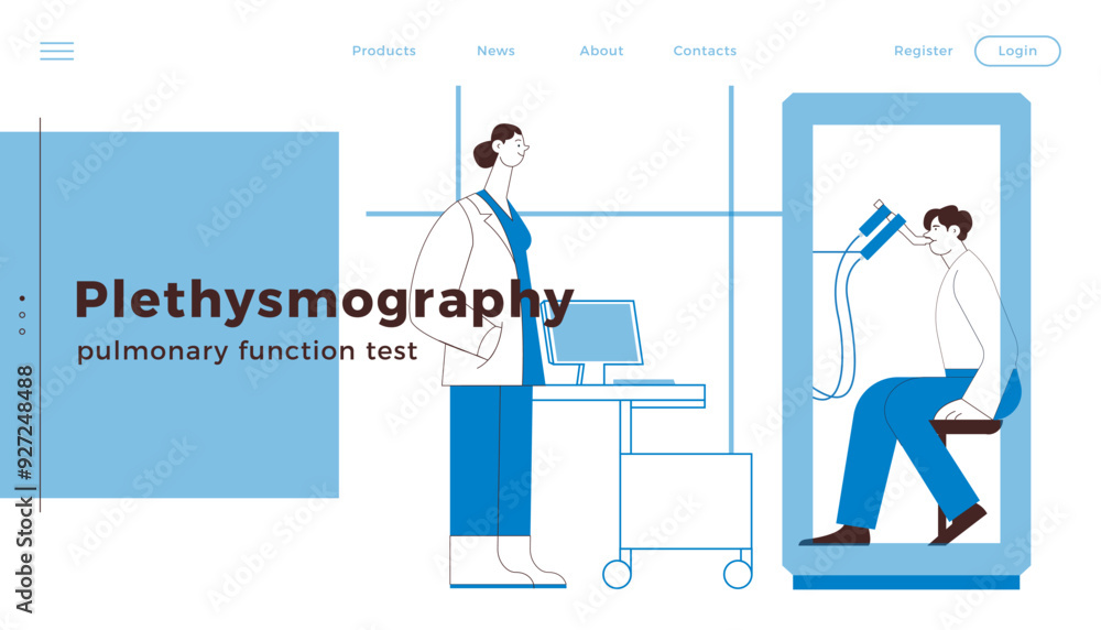 Female Medical Specialist and Male Patient Performs Whole Body Plethysmography in Medical Office or Laboratory. Black and white modern flat vector illustration. Website Banner Design Template. Female Medical Specialist and Male Patient Performs Whole Body Plethysmography in Medical Office or Laboratory. Black and white modern flat vector illustration. Website Banner Design Template.