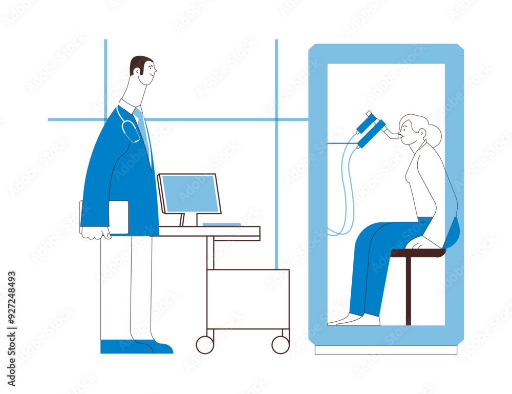 Male Medical Specialist and Female Patient Performs Whole Body Plethysmography in Medical Office or Laboratory. Black and white modern flat vector illustration. Male Medical Specialist and Female Patient Performs Whole Body Plethysmography in Medical Office or Laboratory. Black and white modern flat vector illustration.