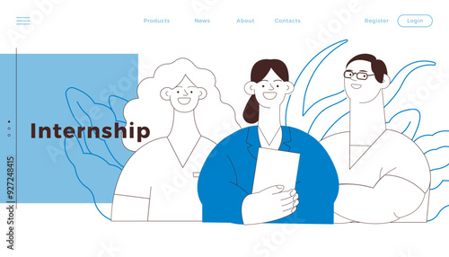 Internship Jobs. Black and White Modern Vector Concept Illustration. Medical Specialists Standing Together, Team of Interns on Abstract Background. Website Banner, Landing Page Template.
