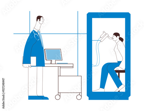 Male Medical Specialist and Female Patient Performs Whole Body Plethysmography in Medical Office or Laboratory. Black and white modern flat vector illustration. 