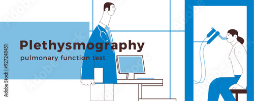 Male Medical Specialist and Female Patient Performs Whole Body Plethysmography in Medical Office or Laboratory. Black and white modern flat vector illustration. Website Banner Design Template.