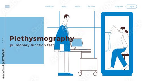 Male Medical Specialist and Female Patient Performs Whole Body Plethysmography in Medical Office or Laboratory. Black and white modern flat vector illustration. Website Banner Design Template.