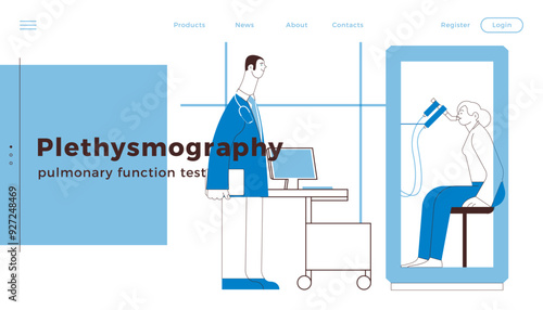 Male Medical Specialist and Female Patient Performs Whole Body Plethysmography in Medical Office or Laboratory. Black and white modern flat vector illustration. Website Banner Design Template.