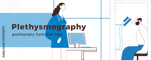 Female Medical Specialist and Male Patient Performs Whole Body Plethysmography in Medical Office or Laboratory. Black and white modern flat vector illustration. Website Banner Design Template.