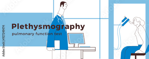 Male Medical Specialist and Female Patient Performs Whole Body Plethysmography in Medical Office or Laboratory. Black and white modern flat vector illustration. Website Banner Design Template.