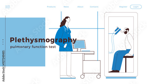 Female Medical Specialist and Male Patient Performs Whole Body Plethysmography in Medical Office or Laboratory. Black and white modern flat vector illustration. Website Banner Design Template.