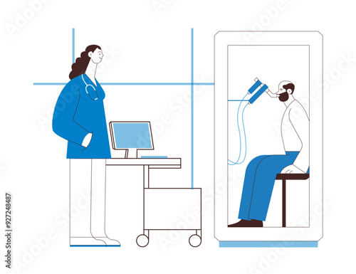 Female Medical Specialist and Male Patient Performs Whole Body Plethysmography in Medical Office or Laboratory. Black and white modern flat vector illustration. 