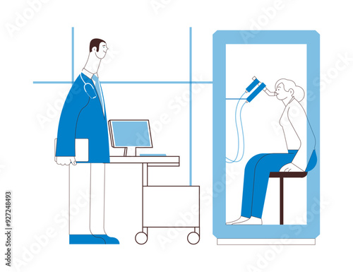 Male Medical Specialist and Female Patient Performs Whole Body Plethysmography in Medical Office or Laboratory. Black and white modern flat vector illustration. 