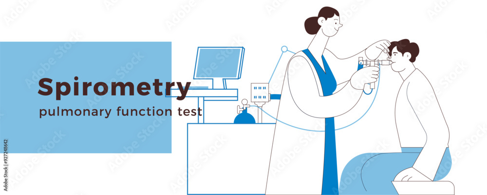 Medical Specialist Performing Spirometry on Patient in Medical Office or Laboratory. Black and White Modern Flat Vector Illustration. Respiratory Diseases. Website Banner. Medical Specialist Performing Spirometry on Patient in Medical Office or Laboratory. Black and White Modern Flat Vector Illustration. Respiratory Diseases. Website Banner.