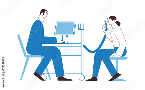Spirometry. Pulmonary function test. Medical Specialist with Female Patient Performs Spirometry in Laboratory or Office. Black and White Modern Flat Vector Illustration. 