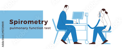 Spirometry. Pulmonary function test. Medical Specialist with Female Patient Performs Spirometry in Laboratory or Office. Black and White Modern Flat Vector Illustration. Website Banner Template.