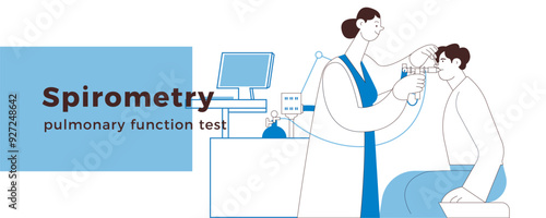 Medical Specialist Performing Spirometry on Patient in Medical Office or Laboratory. Black and White Modern Flat Vector Illustration. Respiratory Diseases. Website Banner.