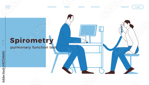Spirometry. Pulmonary function test. Medical Specialist with Female Patient Performs Spirometry in Laboratory or Office. Black and White Modern Flat Vector Illustration. Website Banner Template.