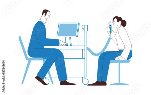 Spirometry. Pulmonary function test. Medical Specialist with Female Patient Performs Spirometry in Laboratory or Office. Black and White Modern Flat Vector Illustration. 