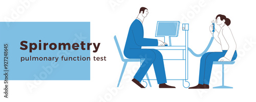 Spirometry. Pulmonary function test. Medical Specialist with Female Patient Performs Spirometry in Laboratory or Office. Black and White Modern Flat Vector Illustration. Website Banner Template.