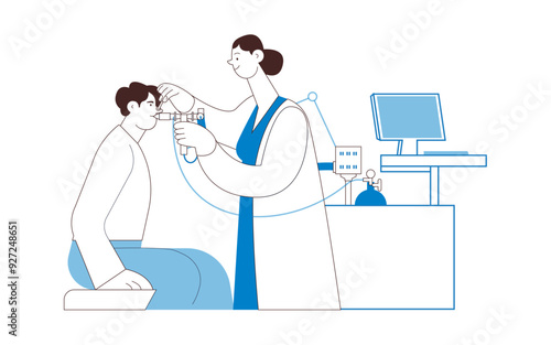 Medical Specialist Performing Spirometry on Patient in Medical Office or Laboratory. Black and White Modern Flat Vector Illustration. Respiratory Diseases. 