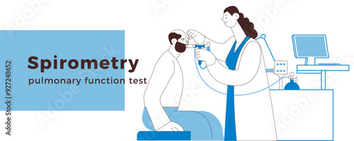 Medical Specialist Performing Spirometry on Patient in Medical Office or Laboratory. Black and White Modern Flat Vector Illustration. Respiratory Diseases. Website Banner.