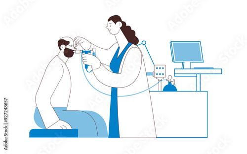 Medical Specialist Performing Spirometry on Patient in Medical Office or Laboratory. Black and White Modern Flat Vector Illustration. Respiratory Diseases. 