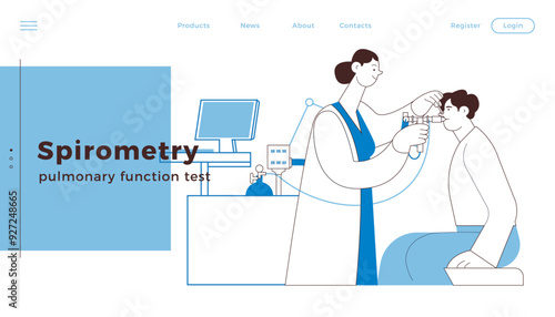 Medical Specialist Performing Spirometry on Patient in Medical Office or Laboratory. Black and White Modern Flat Vector Illustration. Respiratory Diseases. Website Banner, Landing Page Design Template