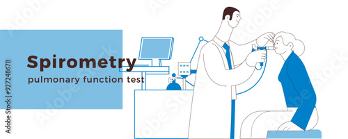 Medical Specialist Performing Spirometry on Patient in Medical Office or Laboratory. Black and White Modern Flat Vector Illustration. Respiratory Diseases. Website Banner.