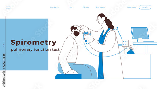 Medical Specialist Performing Spirometry on Patient in Medical Office or Laboratory. Black and White Modern Flat Vector Illustration. Respiratory Diseases. Website Banner, Landing Page Design Template