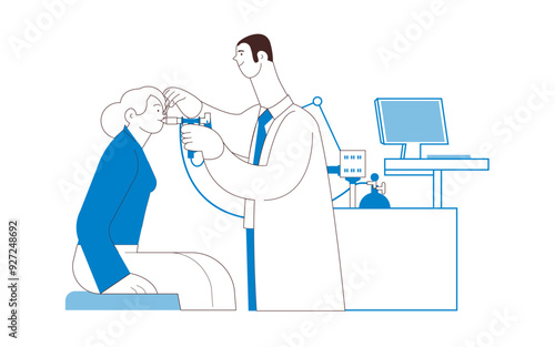Medical Specialist Performing Spirometry on Patient in Medical Office or Laboratory. Black and White Modern Flat Vector Illustration. Respiratory Diseases. 
