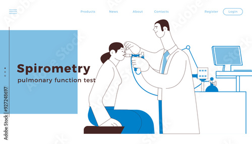 Medical Specialist Performing Spirometry on Patient in Medical Office or Laboratory. Black and White Modern Flat Vector Illustration. Respiratory Diseases. Website Banner, Landing Page Design Template