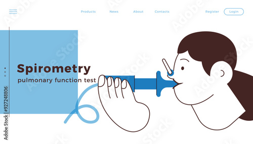Female Performs Pulmonary Function Test. Black and White Modern Flat Vector Illustration. Lung Function Test on Patient. Website Banner, Landing Page Design Template.