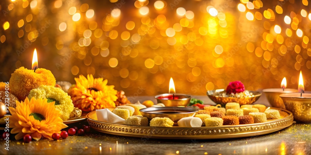 Diwali puja thali with sweets, flowers, and diyas on a shimmering gold background Diwali puja thali with sweets, flowers, and diyas on a shimmering gold background