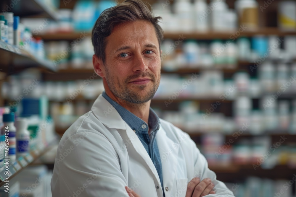 A male pharmacist stands with his arms crossed in front of a pharmacy shelf