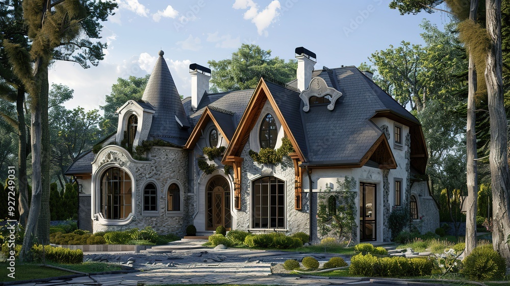 Stone house with a conical tower and manicured gardens. Stone house with a conical tower and manicured gardens.