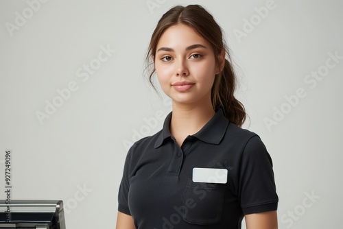 Portrait of a young woman in a black polo shirt with a blank name tag.
